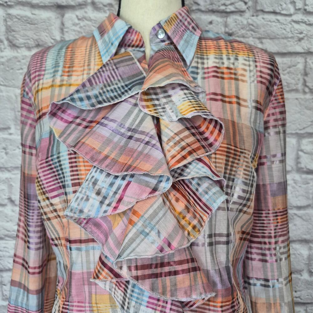 Georg Roth LA Rainbow Plaid Ruffle Front Cotton Blend Button Down Blouse Size M - Picture 4 of 10